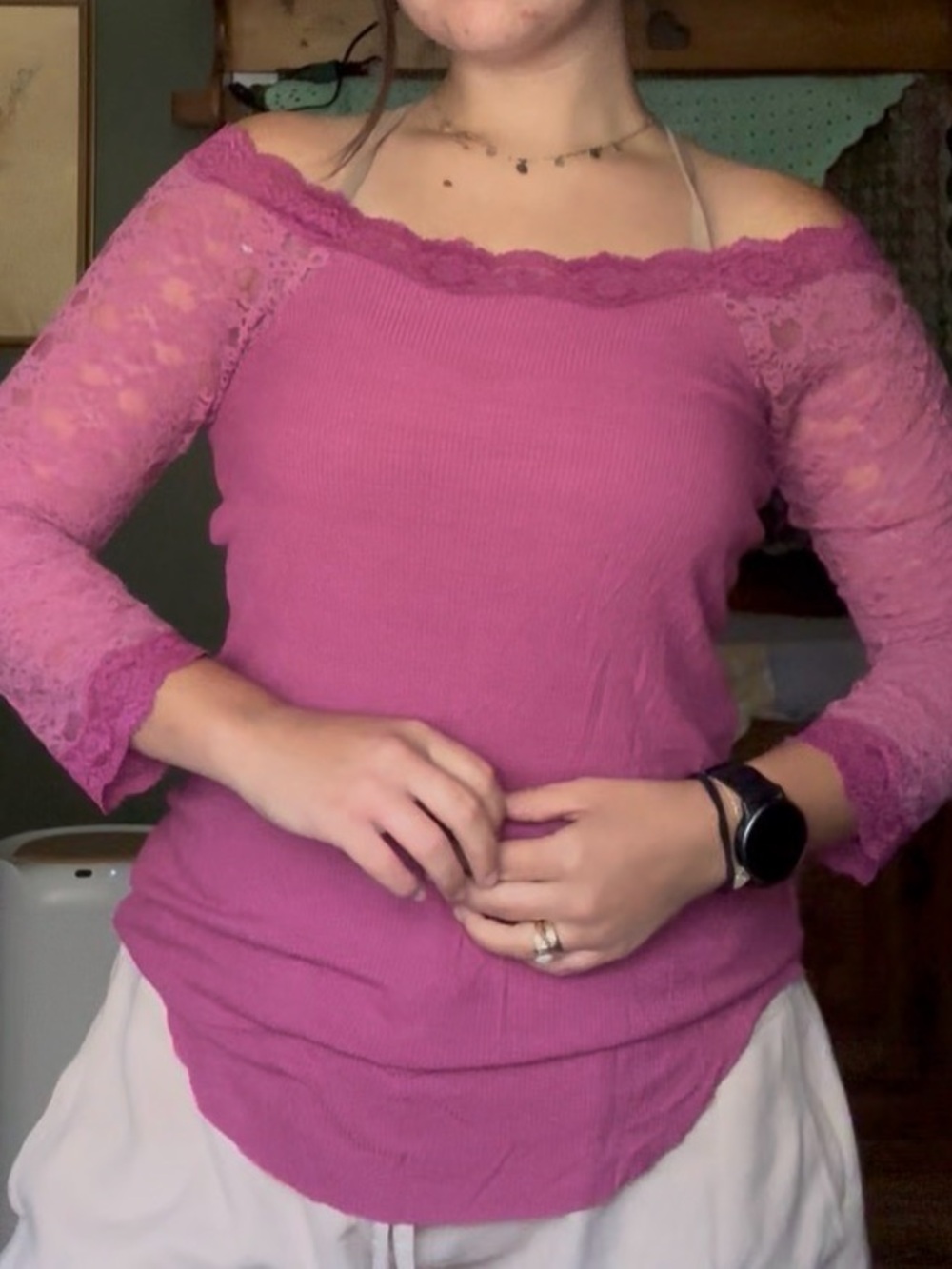 Vintage Y2K Free People Boat Neck Lace Quarter Sleeve Magenta Ribbed Top Large